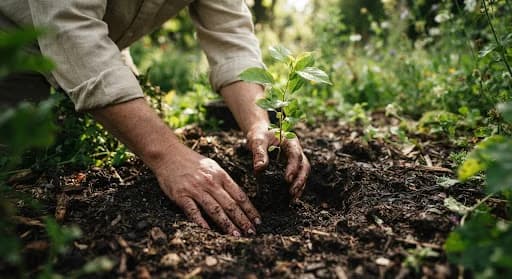 Person planting a sapling in rich soil